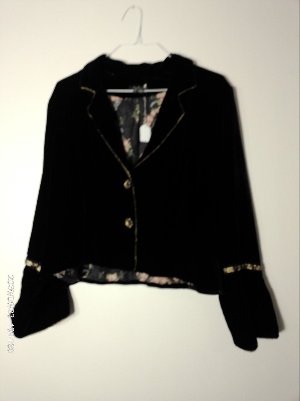 ECI Black Velvet Blazer with Gold Accents and Floral Lining
